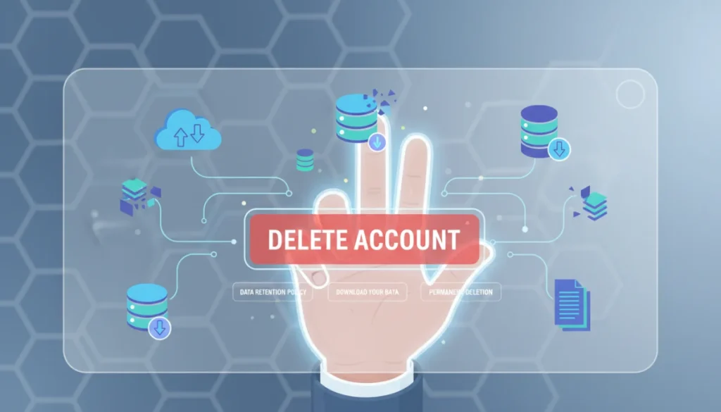 Digital illustration of a hand deleting an account, data retention and download icons