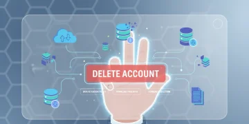 Digital illustration of a hand deleting an account, data retention and download icons