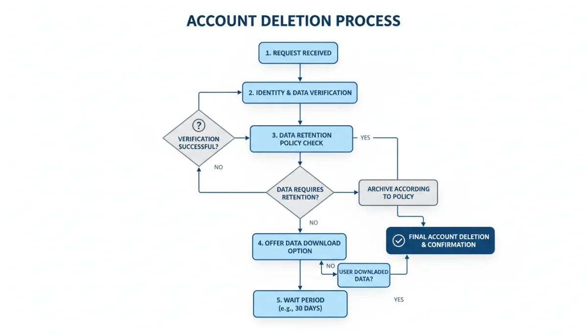 Flowchart of account deletion request process and data handling