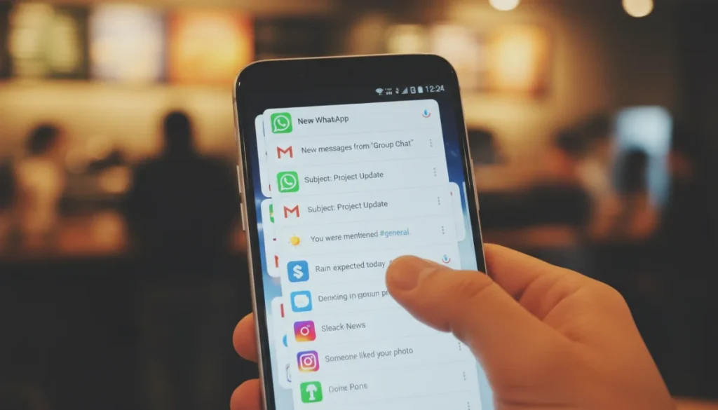 Android phone screen with many app notifications
