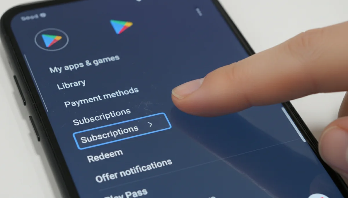 Android phone screen displaying Google Play Store subscriptions menu.
