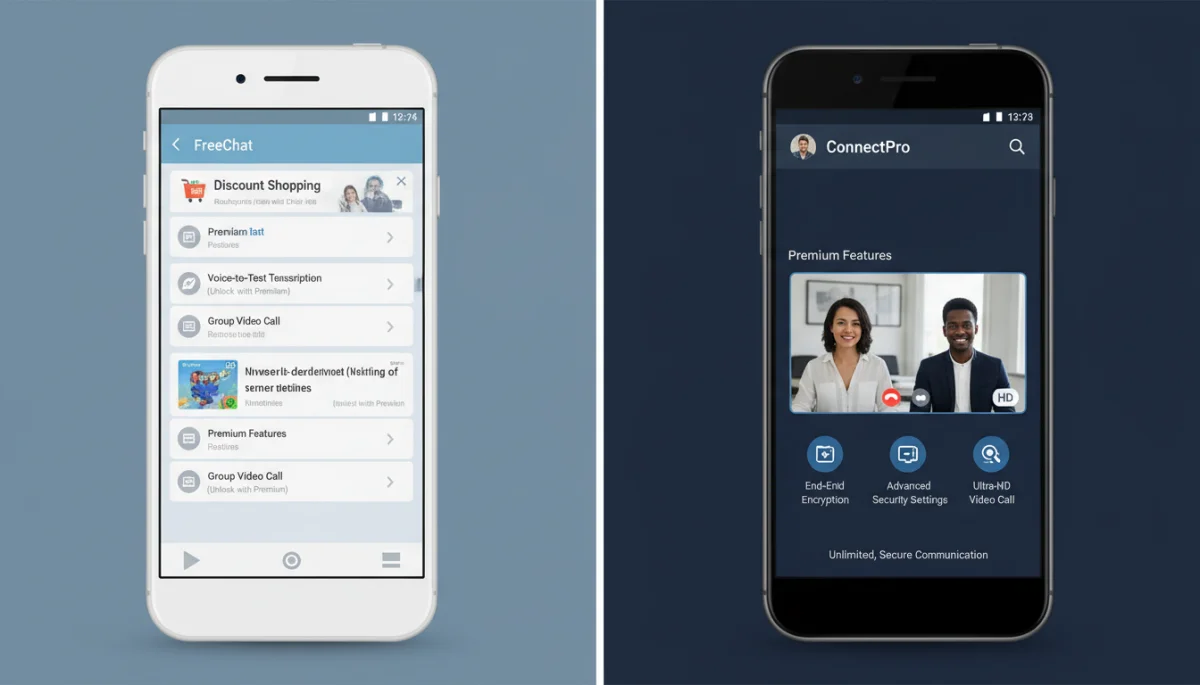 Side-by-side comparison of free and paid app interfaces