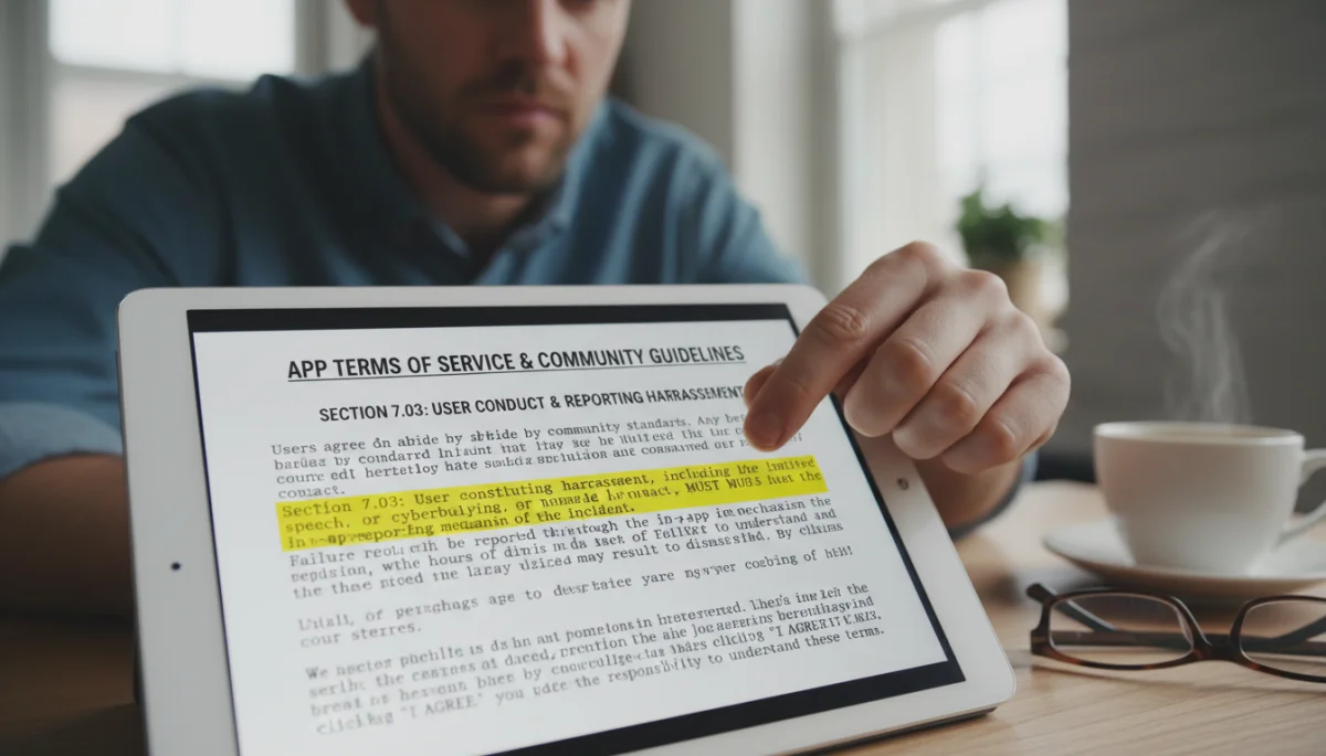 Reviewing app terms of service for harassment reporting guidelines