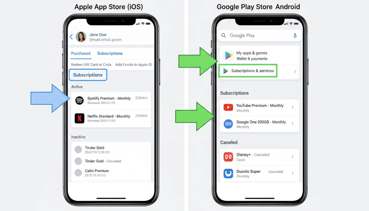 Apple App Store and Google Play Store subscription management interfaces