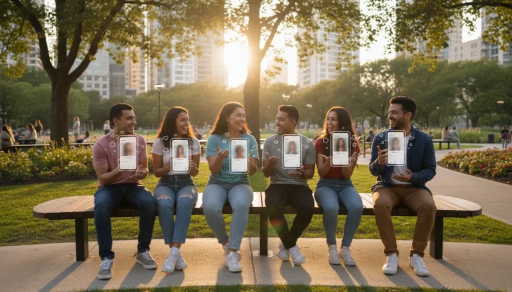 Diverse group of young adults interacting, symbolizing genuine connections fostered by well-crafted dating app profiles.