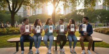 Diverse group of young adults interacting, symbolizing genuine connections fostered by well-crafted dating app profiles.
