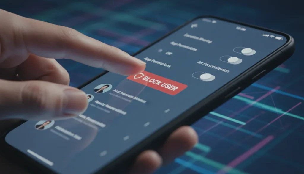 Hand blocking unwanted contact on smartphone screen with privacy settings