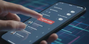Hand blocking unwanted contact on smartphone screen with privacy settings