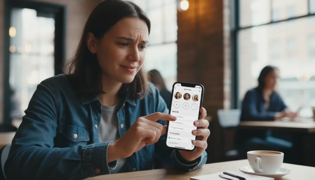 Thoughtful person optimizing Bumble profile on smartphone in cafe