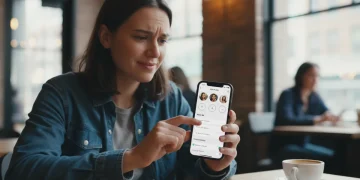Thoughtful person optimizing Bumble profile on smartphone in cafe