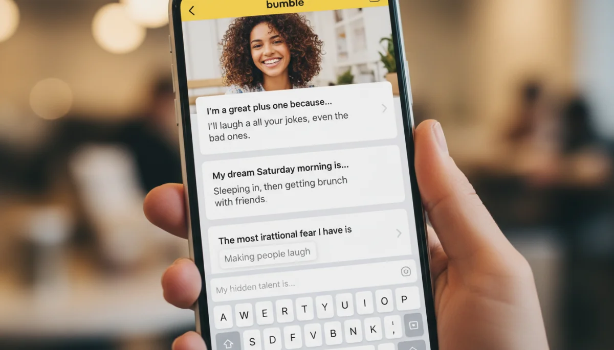 Bumble prompts being answered on a smartphone screen