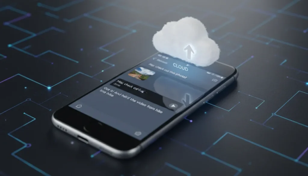 Smartphone screen showing chat media with cloud backup icon