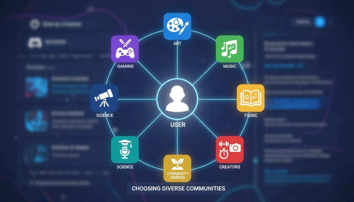 Diagram illustrating a user choosing from various Discord communities based on diverse interests like gaming, art, and music.