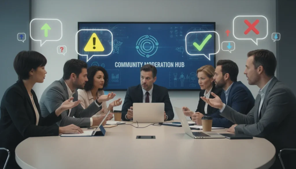 Diverse group discussing community moderation signals