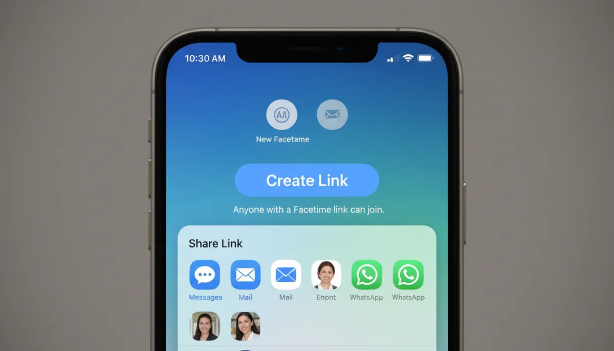 Creating a FaceTime link on an iPhone screen, showing sharing options
