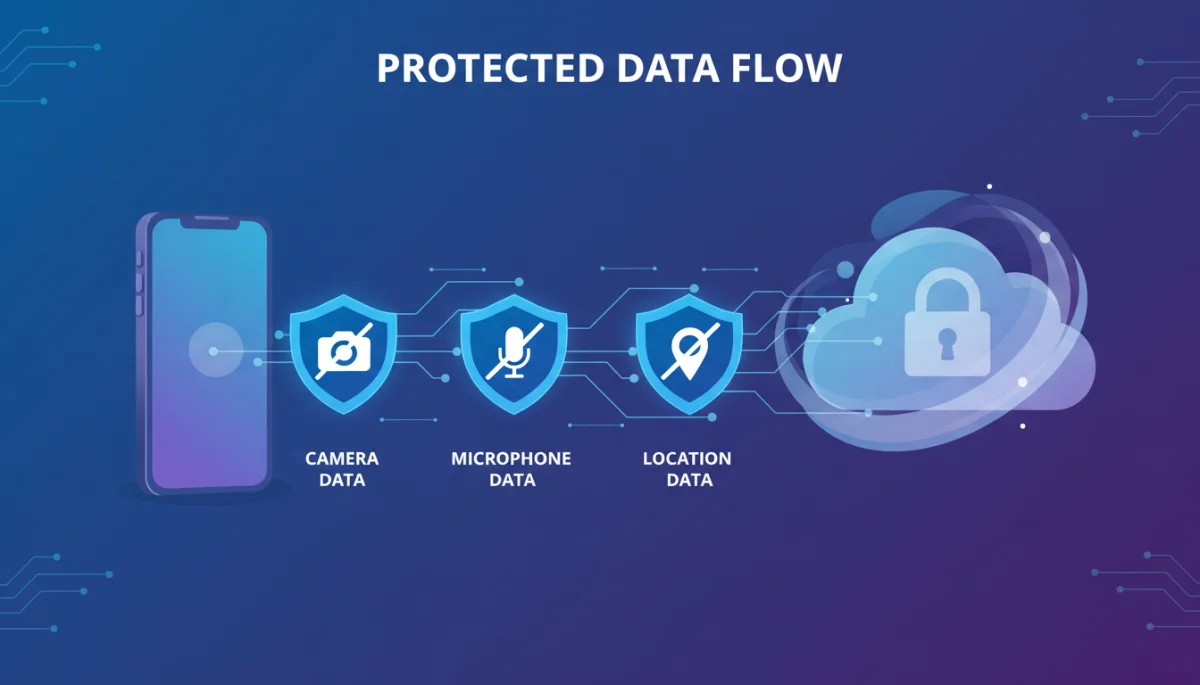 Data privacy graphic with phone, cloud, and privacy shields.