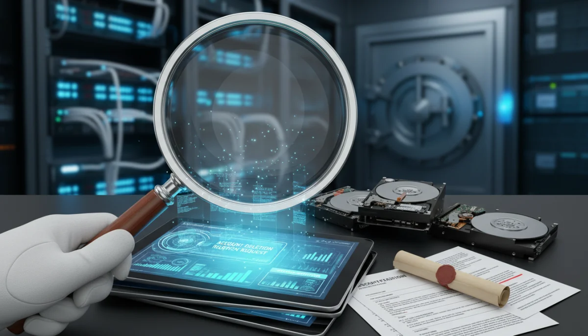 Magnifying glass examining data retention policies and legal documents