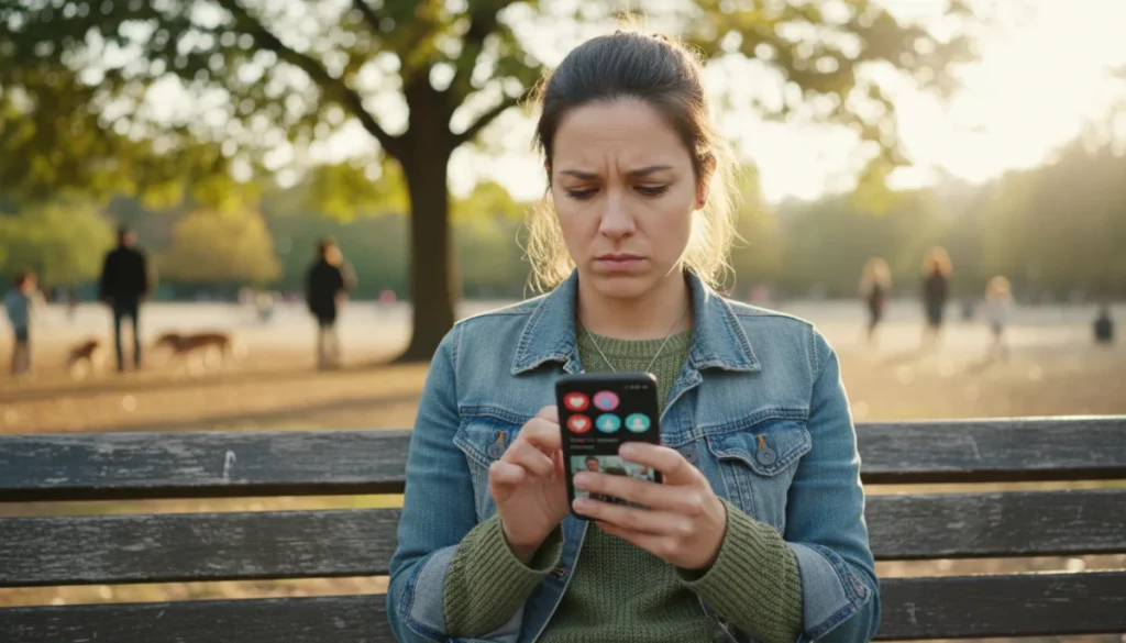Woman contemplating dating app choices on her phone