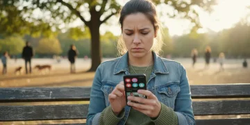 Woman contemplating dating app choices on her phone