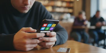 Woman contemplating dating app premium subscription on smartphone.