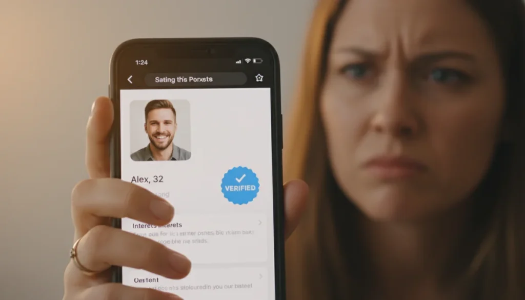 Verified badge on dating app profile, user skepticism