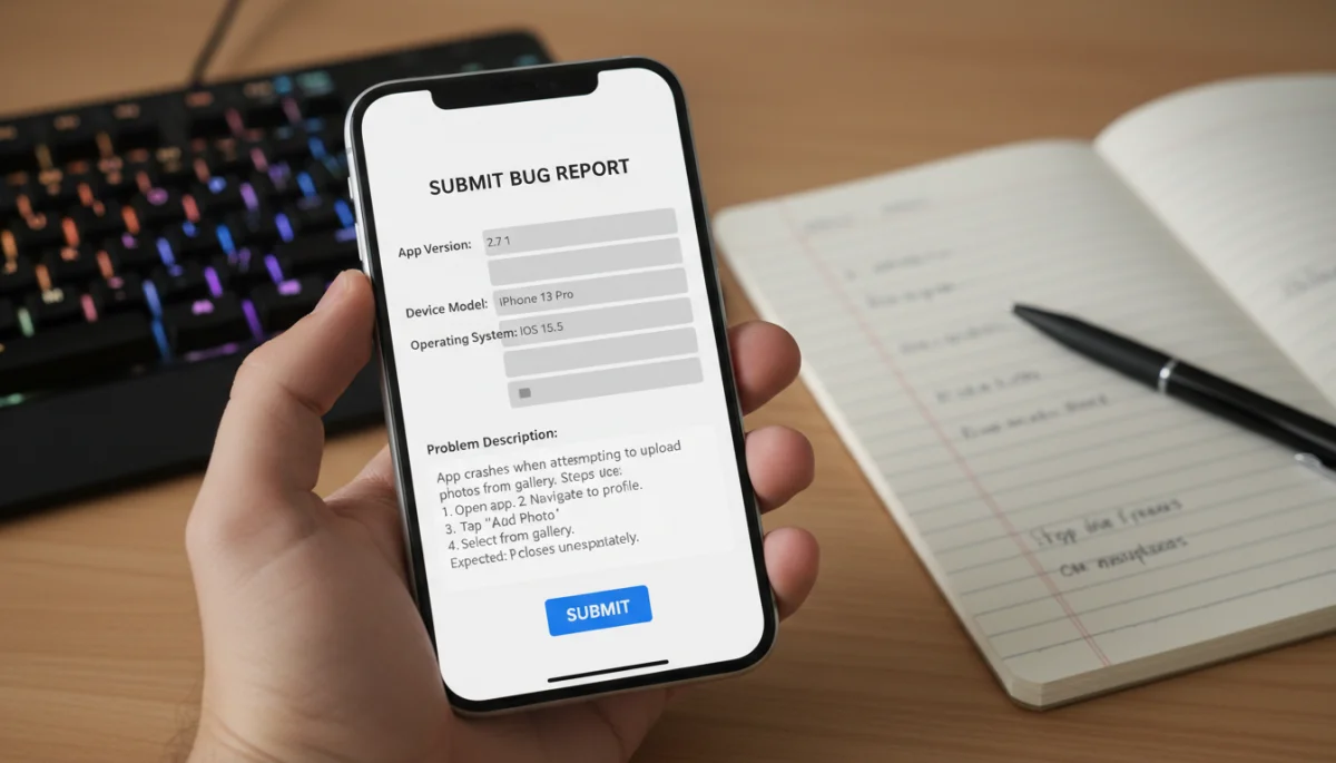 Detailed bug report form on smartphone screen