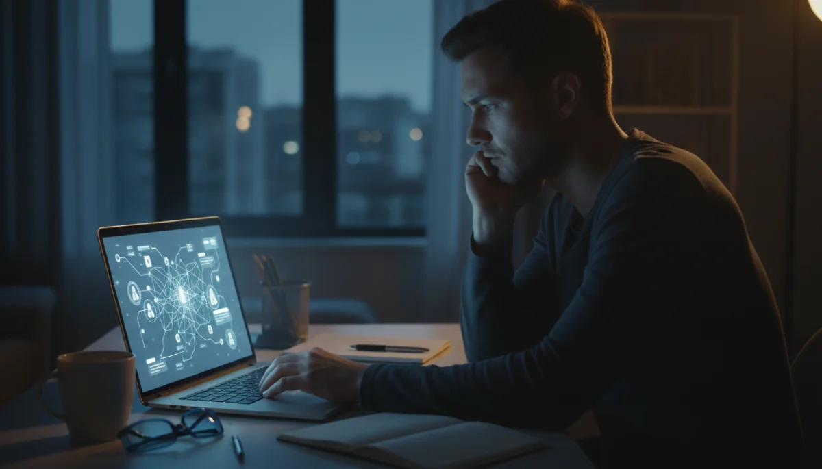 Thoughtful person reflecting on digital communication and setting online boundaries.