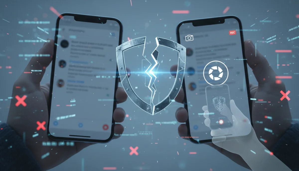 Two smartphones with broken shield, illustrating disappearing message limitations