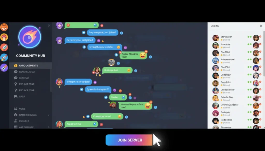 Discord interface showing active channels and user interactions, inviting new members to explore communities.