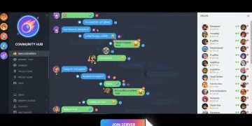 Discord interface showing active channels and user interactions, inviting new members to explore communities.