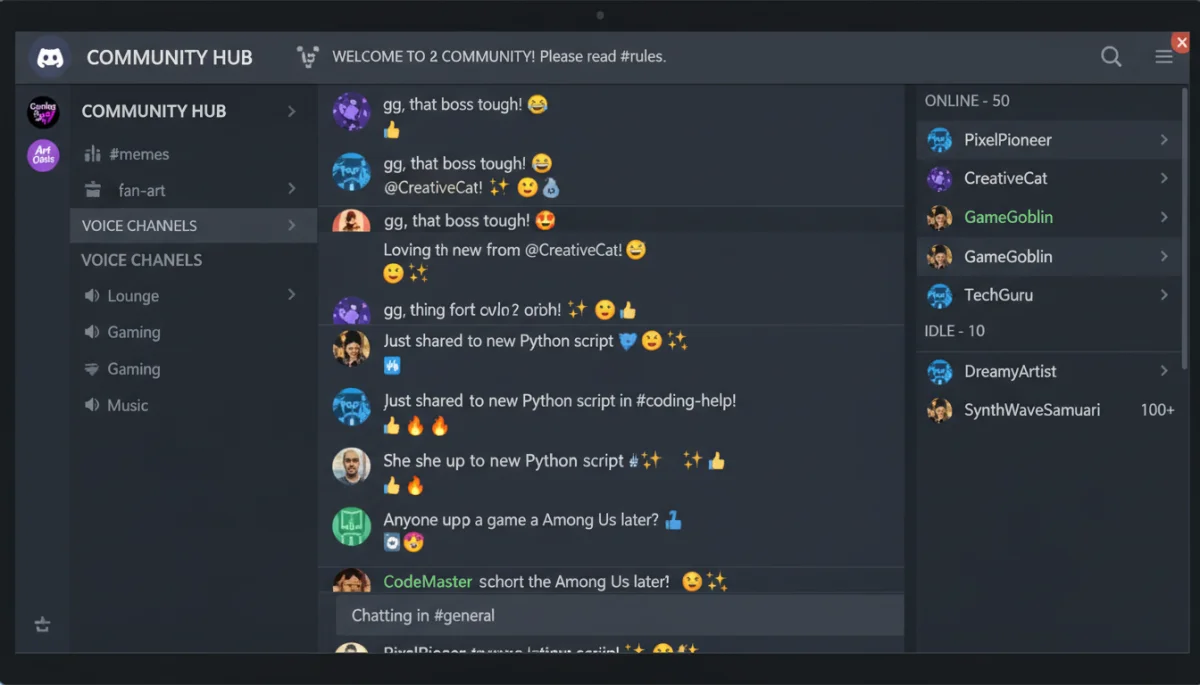 Discord server interface with active chat and voice channels