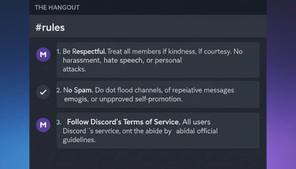 Screenshot of a Discord server's rules channel, detailing community guidelines for respectful interaction.