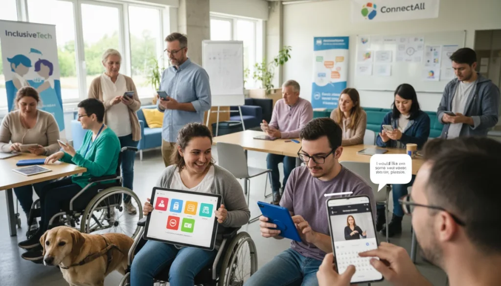 Diverse users engaging with accessible communication apps on various devices.