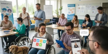 Diverse users engaging with accessible communication apps on various devices.