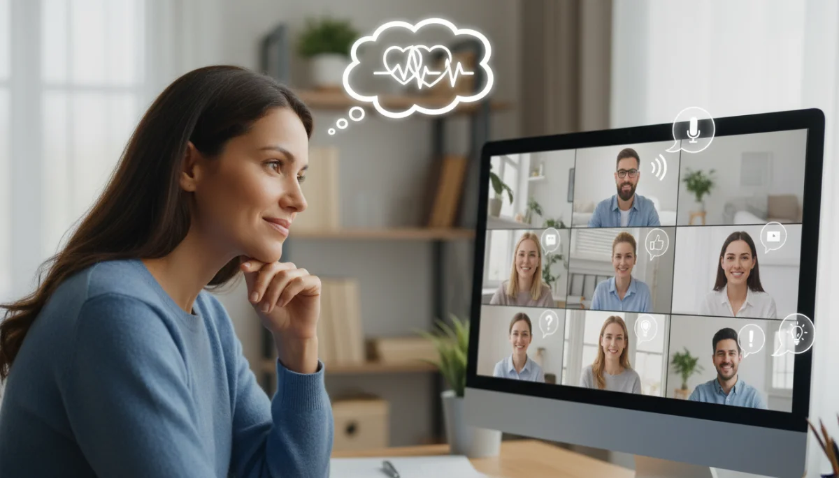 Person actively listening and showing empathy in a virtual meeting, embodying respectful online group etiquette.