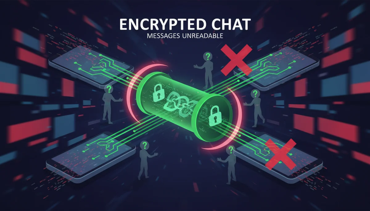 Encrypted tunnel connecting two smartphones, illustrating secure message transmission