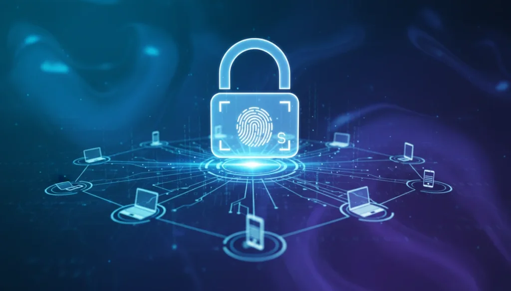 Digital padlock over connected devices, symbolizing end-to-end encryption security