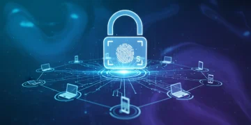 Digital padlock over connected devices, symbolizing end-to-end encryption security