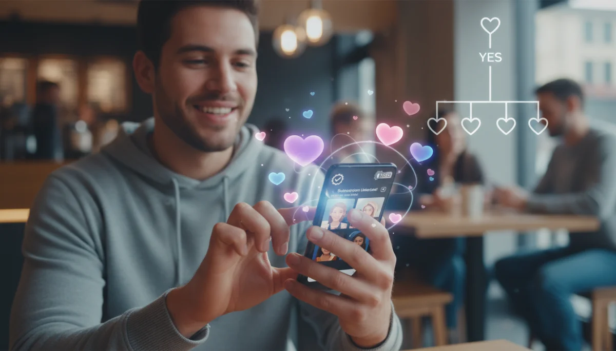 User confidently engaging with a dating app, enjoying premium benefits.