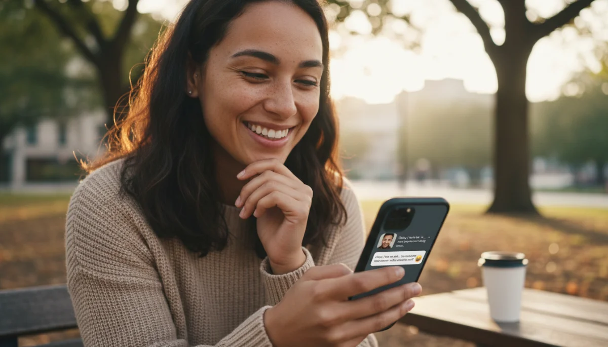 Happy person engaging in dating app conversation