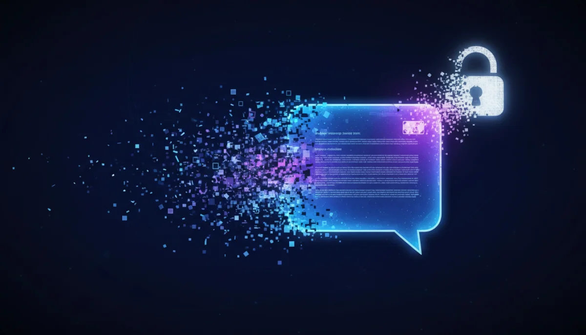 Digital message dissolving into pixels, symbolizing disappearance