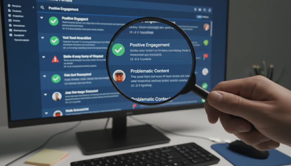 Magnifying glass examining online moderation practices