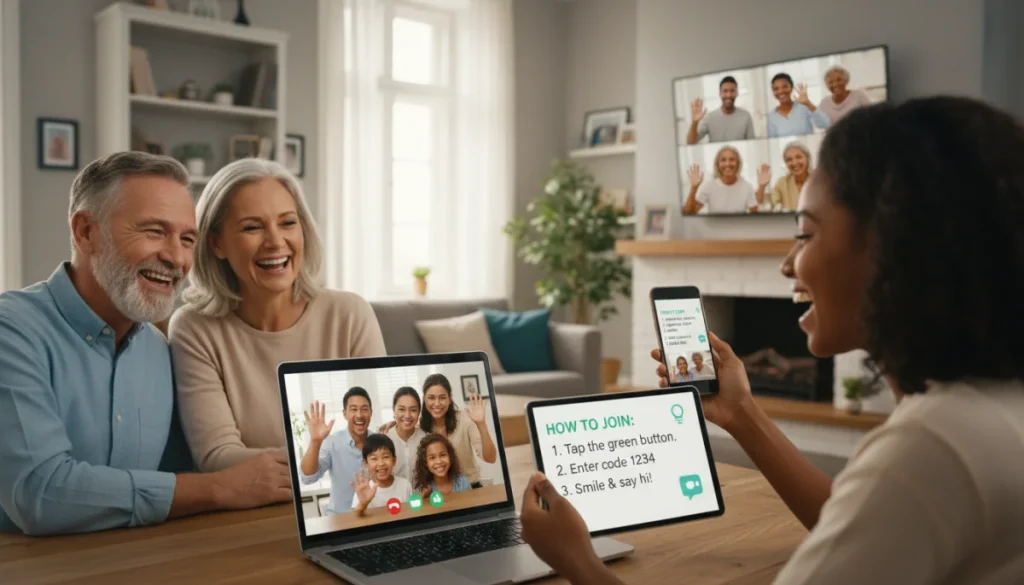 Multi-generational family enjoying a video call with clear instructions