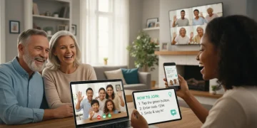 Multi-generational family enjoying a video call with clear instructions