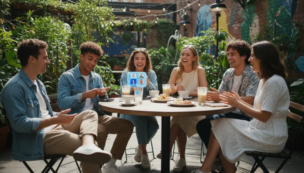 Young adults meeting at a cafe for a first date, emphasizing safety