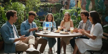 Young adults meeting at a cafe for a first date, emphasizing safety