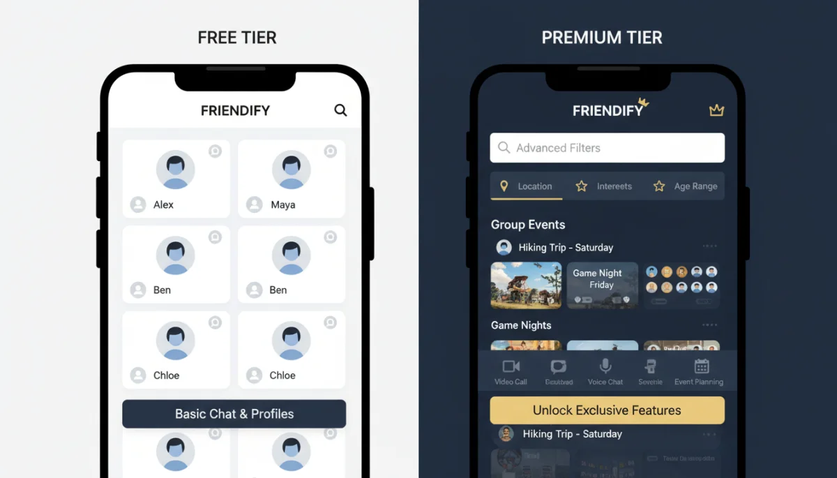 Comparison of free versus paid friendship app interfaces and features