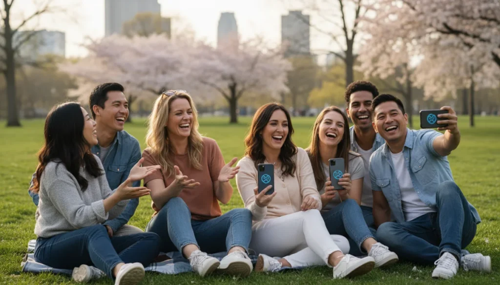 Friends laughing and connecting, discussing friendship app features on smartphones