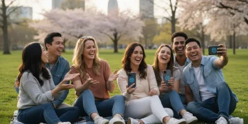 Friends laughing and connecting, discussing friendship app features on smartphones