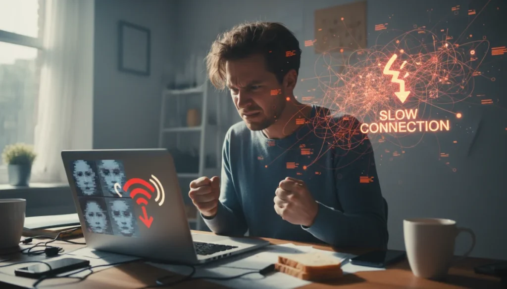 Frustrated user with frozen video call on laptop
